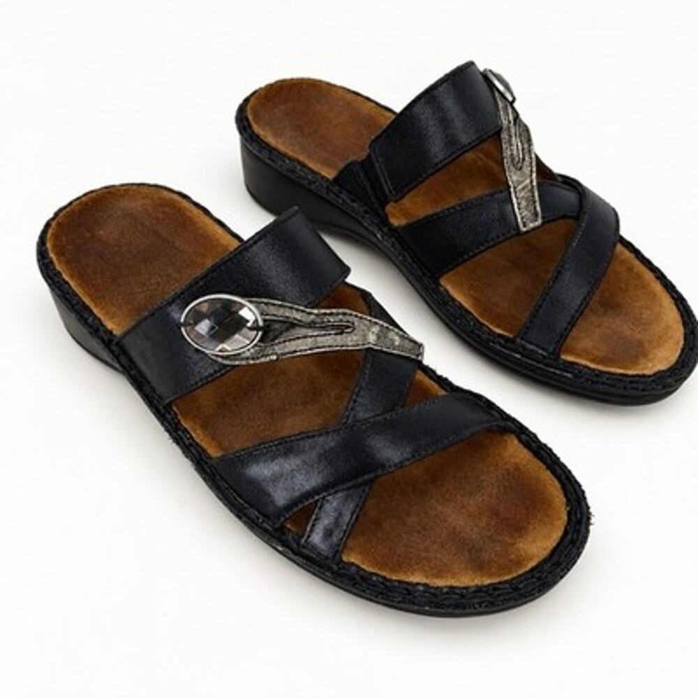 Naot Slide Sandals Size US 9 EU 40 Black Metallic Jeweled Crisscross Comfort